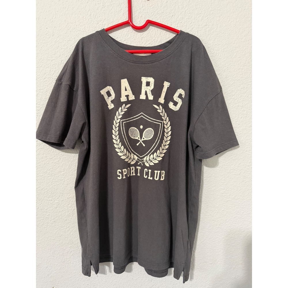 Maurices Womens T-Shirt XS Paris Sport Club Tennis Graphic Charcoal Grey Boxy - Picture 1 of 14